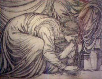 Mary Magdalen washing the feet of Jesus.