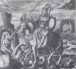 tilbury, elizabeth in armour woodcut 001