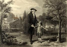 Youn George Washington, admitting to his father that he cut down the chrry tree.