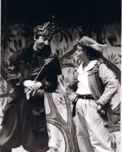 Ricky Sharpe as Feste and Karen Gledhill as Viola/Caesario in Stewart Trotter's production of 'Twelfth Night' at the Northcott Theatre.